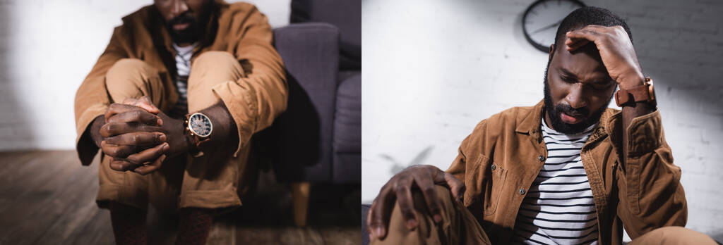 アフリカ系アメリカ人の男のコラージュ床に座って顔に触れる - 写真・画像