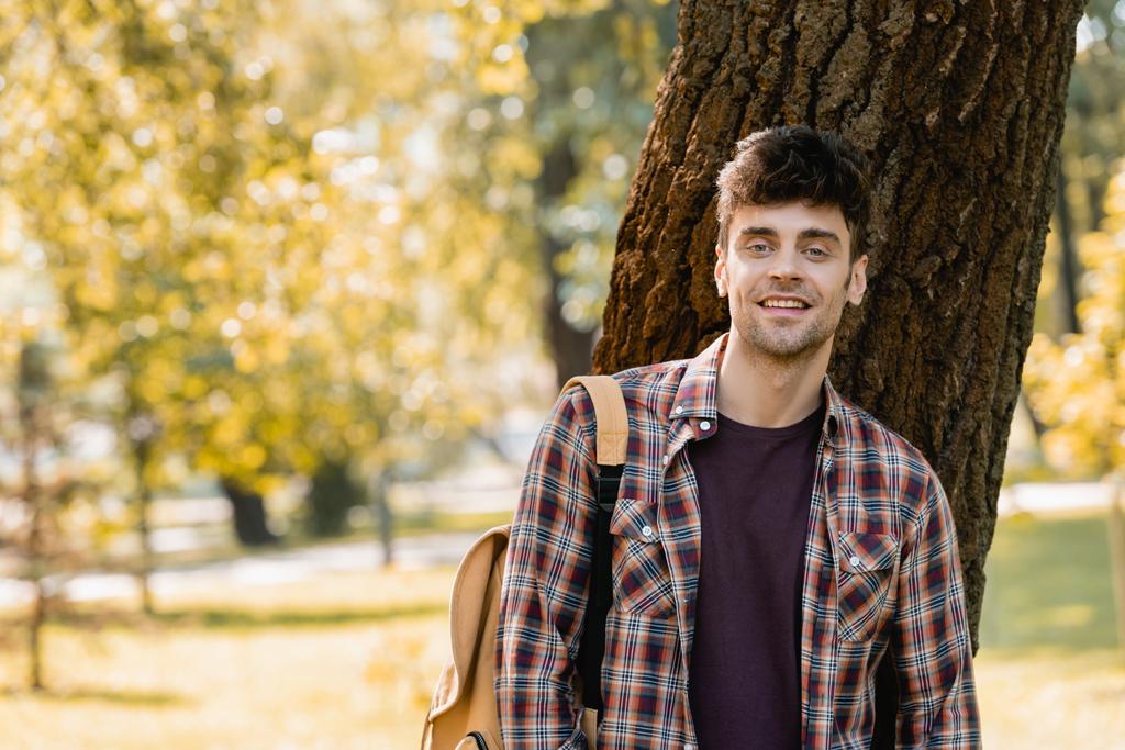 man in checkered shirt looking at camera near tree trunk in park - Photo, Image