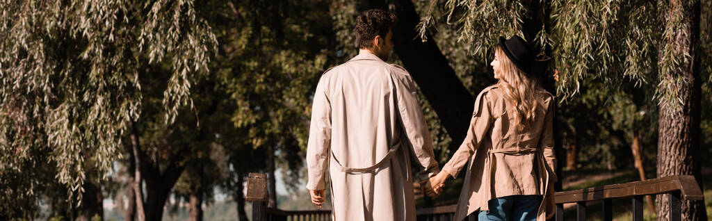 imagen horizontal de pareja en gabardina cogida de la mano y caminando en el parque otoñal  - Foto, Imagen