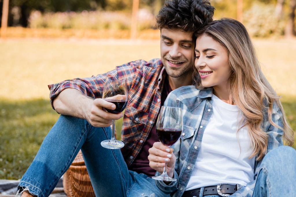 άνδρας και γυναίκα κρατώντας ποτήρια με κόκκινο κρασί κατά τη διάρκεια πικνίκ  - Φωτογραφία, εικόνα