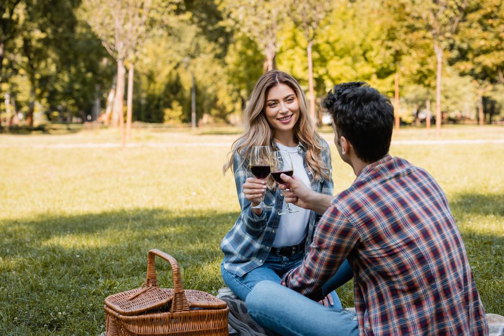 homem e mulher sentados em cobertor e segurando copos de vinho tinto enquanto clinking no parque  - Foto, Imagem