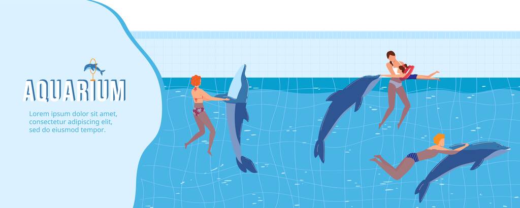Ludzie pływają z delfinami wektor ilustracji, kreskówka płaski pływak znaków gry i pływanie z wodnych zwierząt delfinów - Wektor, obraz