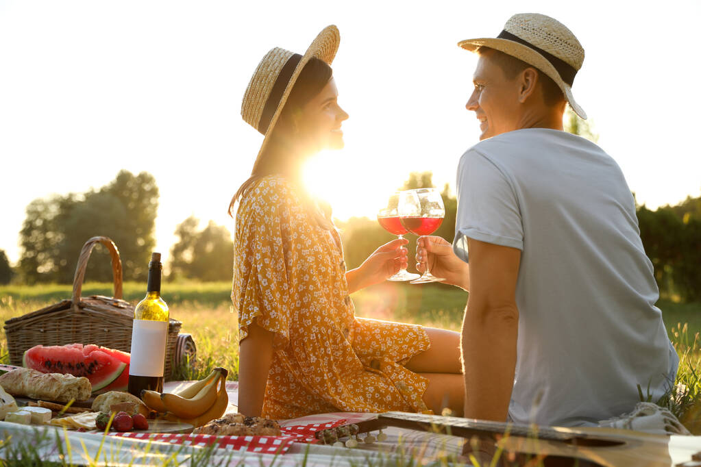 Happy couple having picnic in park on sunny day - Photo, Image