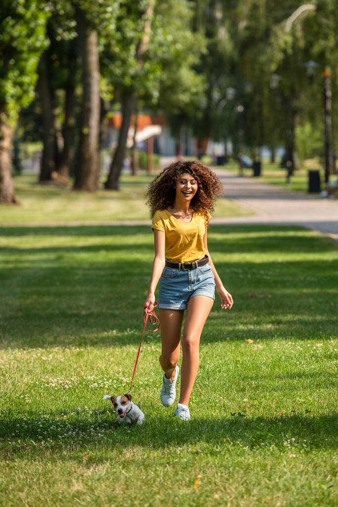 Selective focus of young woman walking and keeping dog on leash - Photo, Image