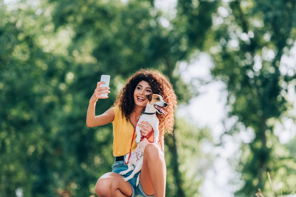 веселая женщина в летнем наряде делает селфи на смартфоне с Джеком Расселом терьером в парке - Фото, изображение