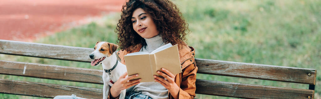 horizontaal gewas van krullende vrouw houden boek terwijl zitten op bank met jack russell terrier hond - Foto, afbeelding