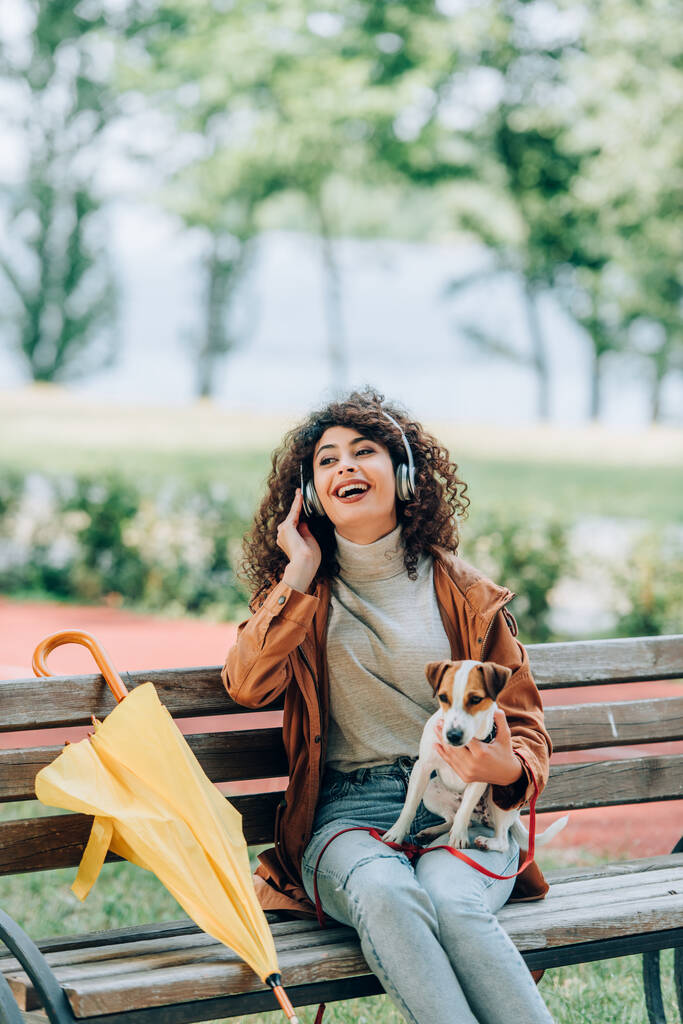 γελώντας γυναίκα σε ασύρματα ακουστικά κοιτάζοντας μακριά, ενώ κάθεται στο πάρκο με τον Jack Russell τεριέ σκυλί κοντά σε κίτρινη ομπρέλα - Φωτογραφία, εικόνα