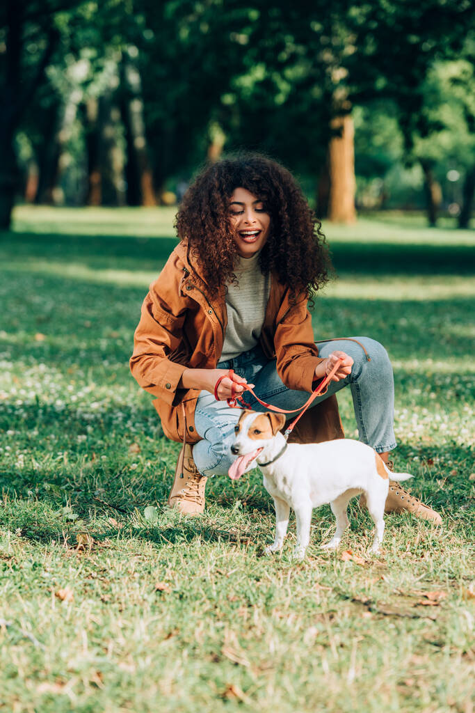 Enfoque selectivo de la mujer en impermeable con correa cerca de Jack Russell Terrier en el parque - Foto, imagen