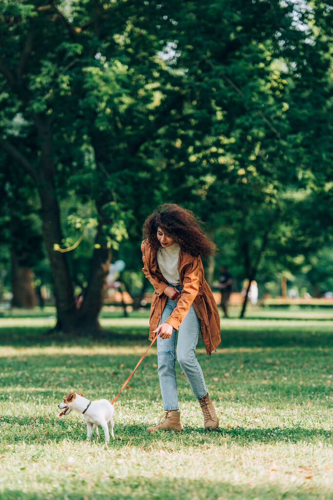 A pórázon járó esőkabátos nő szelektív fókusza Jack Russell terrier a parkban lévő réten  - Fotó, kép