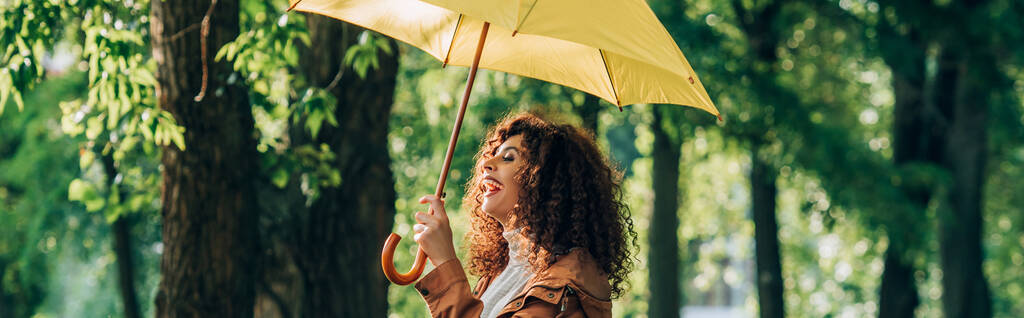 Kıvırcık kadının parkta sarı şemsiyeyi tutarken gülüşünün panoramik görüntüsü.  - Fotoğraf, Görsel