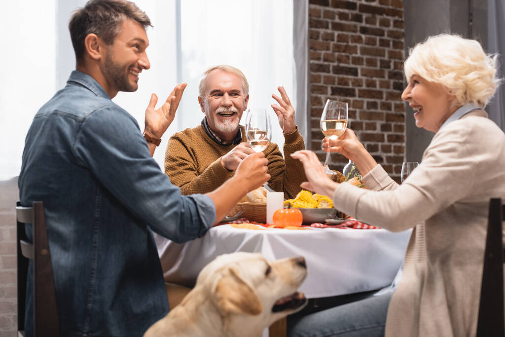 感謝祭の夕食の間にワイングラスで乾杯する興奮した家族の近くの黄金の取得の選択的な焦点 - 写真・画像