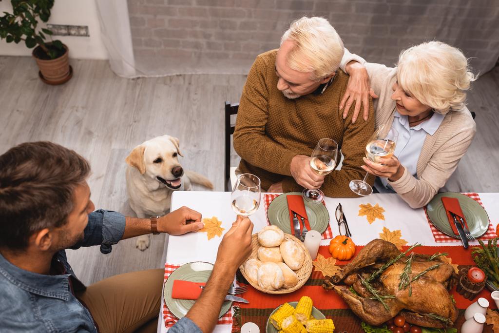 vista ad alto angolo del golden retriever vicino alla famiglia che tiene bicchieri di vino bianco durante la cena del ringraziamento - Foto, immagini