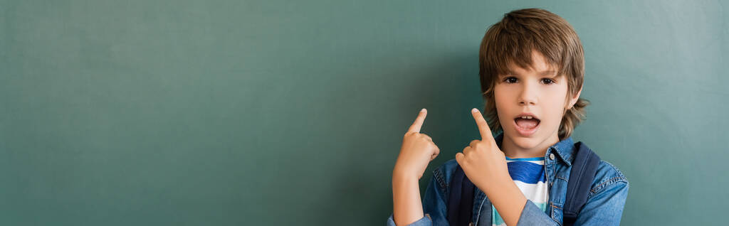 Website header van opgewonden schooljongen wijzend met vingers naar groen schoolbord  - Foto, afbeelding
