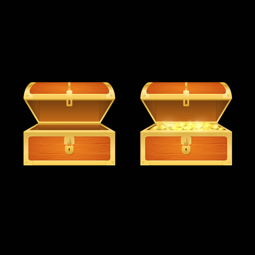 Реалістична 3d Детальна дерев'яна піратська скриня з набором золотих монет. Векторні
 - Вектор, зображення