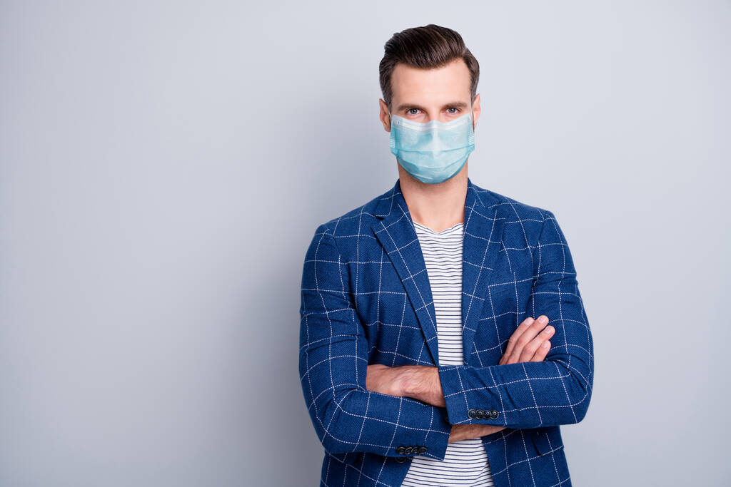 Portrait of hie he nice attractive healthy imposing guy folded arms wearing gauze mask stop infection influenza pneumonia pandemia contamination china wuhan isolated grey color background - Photo, Image