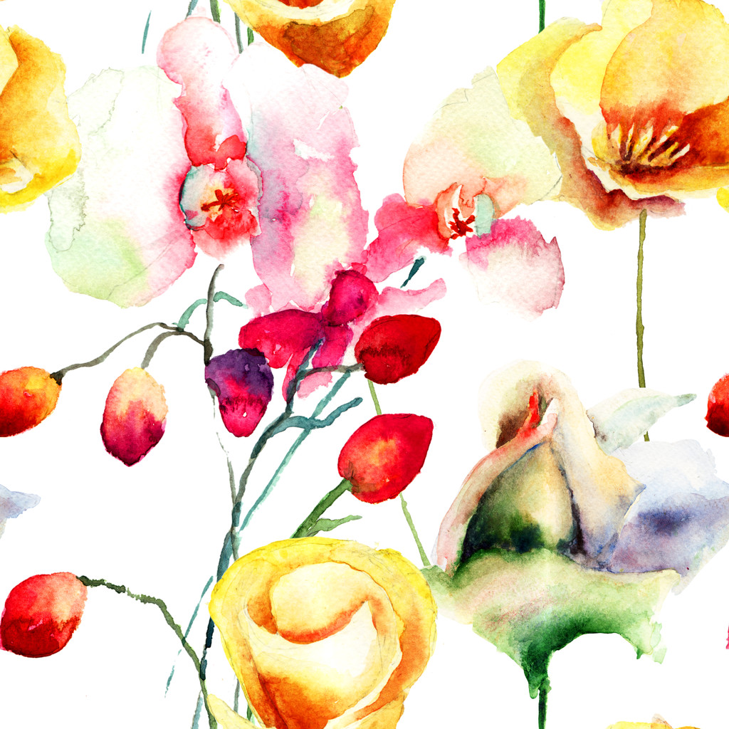 nahtloses Muster mit rosa Orchideen und Rosenblüten - Foto, Bild