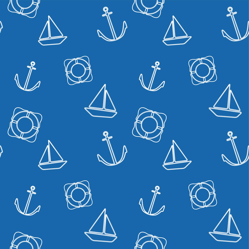 Vector Seamless Marine Muster. Weiße nautische Objekte auf blauem Hintergrund - Vektor, Bild