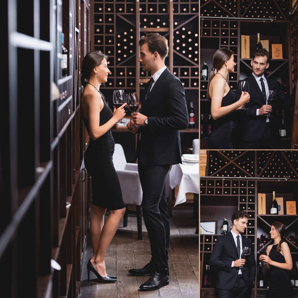 Kolaż eleganckiej pary trzymającej kieliszki wina w pobliżu regałów z butelkami w restauracji  - Zdjęcie, obraz