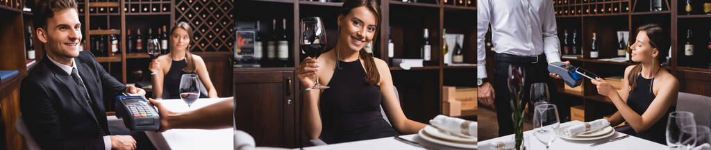 Collage van elegante vrouw met een glas wijn, en betalen met creditcard en smartphone in de buurt van vriendje in restaurant  - Foto, afbeelding