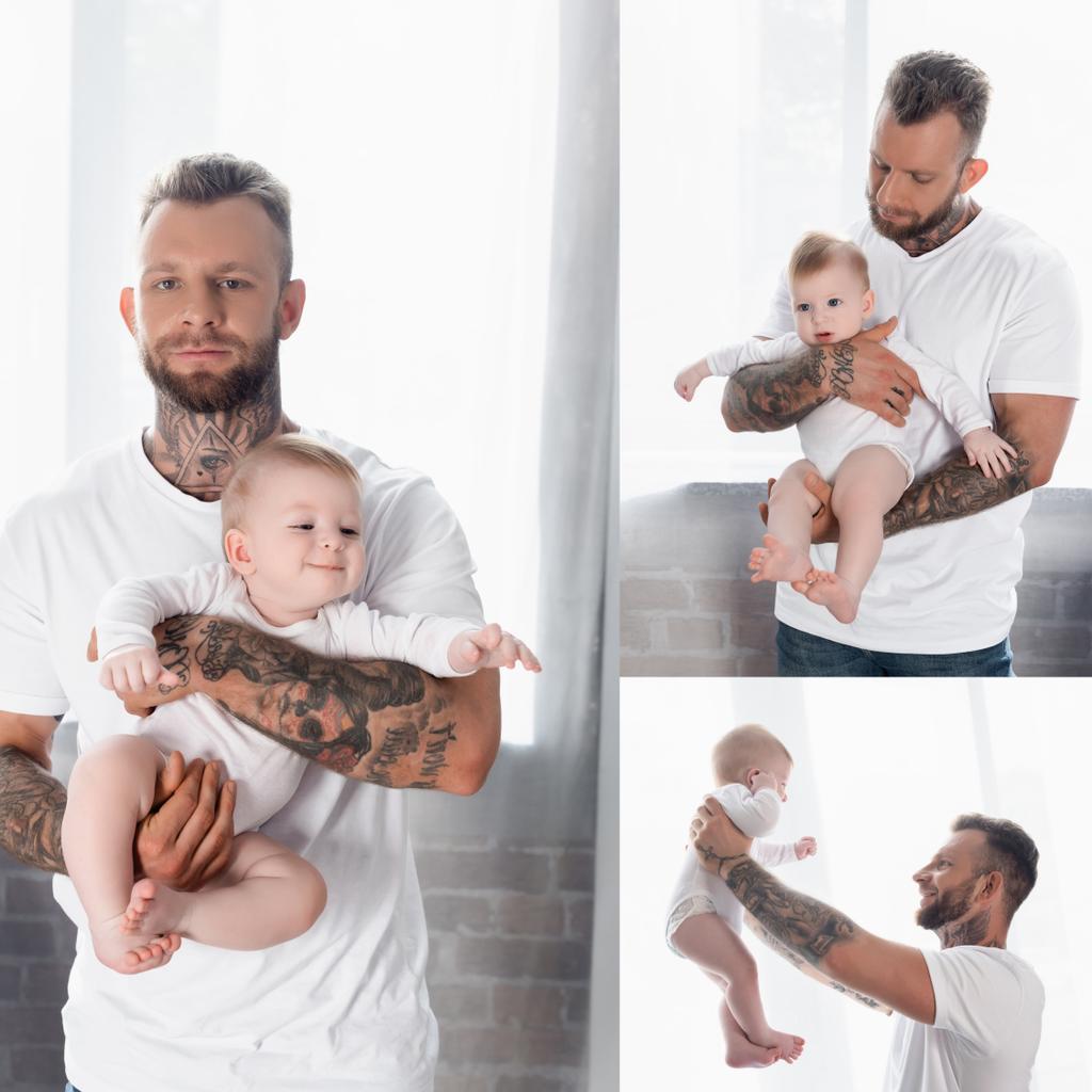 collage of young tattooed man in white t-shirt holding infant son in baby romper at home - Photo, Image