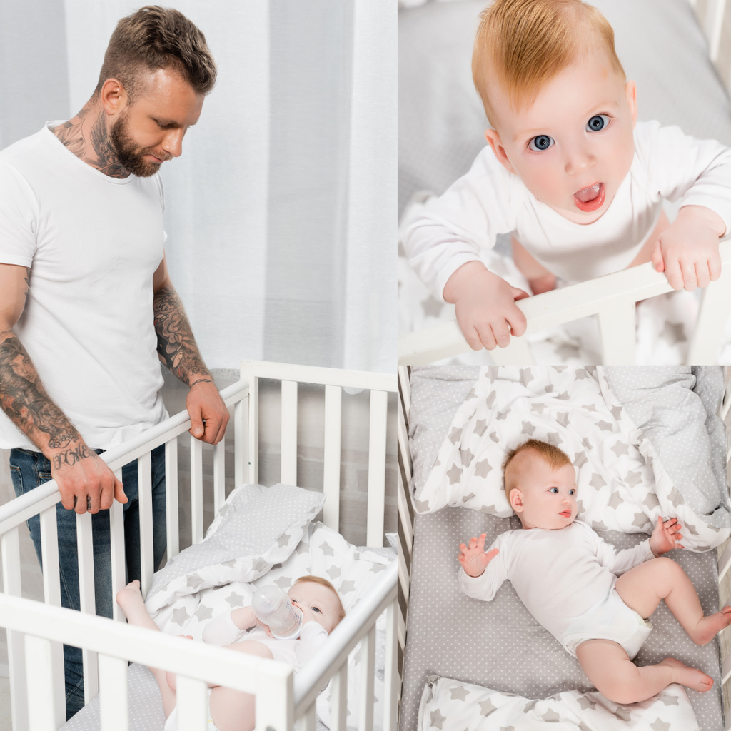 kolaż młodego wytatuowanego mężczyzny stojącego w pobliżu niemowlęcia leżącego w łóżeczku, i chłopca patrzącego w kamerę z otwartymi ustami - Zdjęcie, obraz