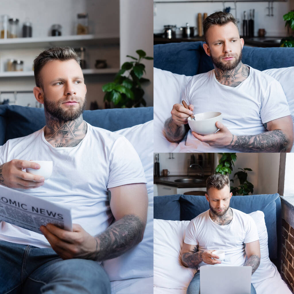κολάζ των νέων τατουάζ freelancer έχοντας πρωινό, διαβάζοντας εφημερίδα, κρατώντας φλιτζάνι καφέ και χρησιμοποιώντας φορητό υπολογιστή στην κρεβατοκάμαρα - Φωτογραφία, εικόνα