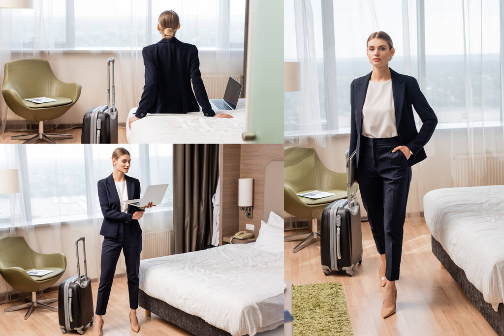 kolaż młodej bizneswoman stojącej z ręką w kieszeni i korzystającej z laptopa w pobliżu torby podróżnej w pokoju hotelowym  - Zdjęcie, obraz
