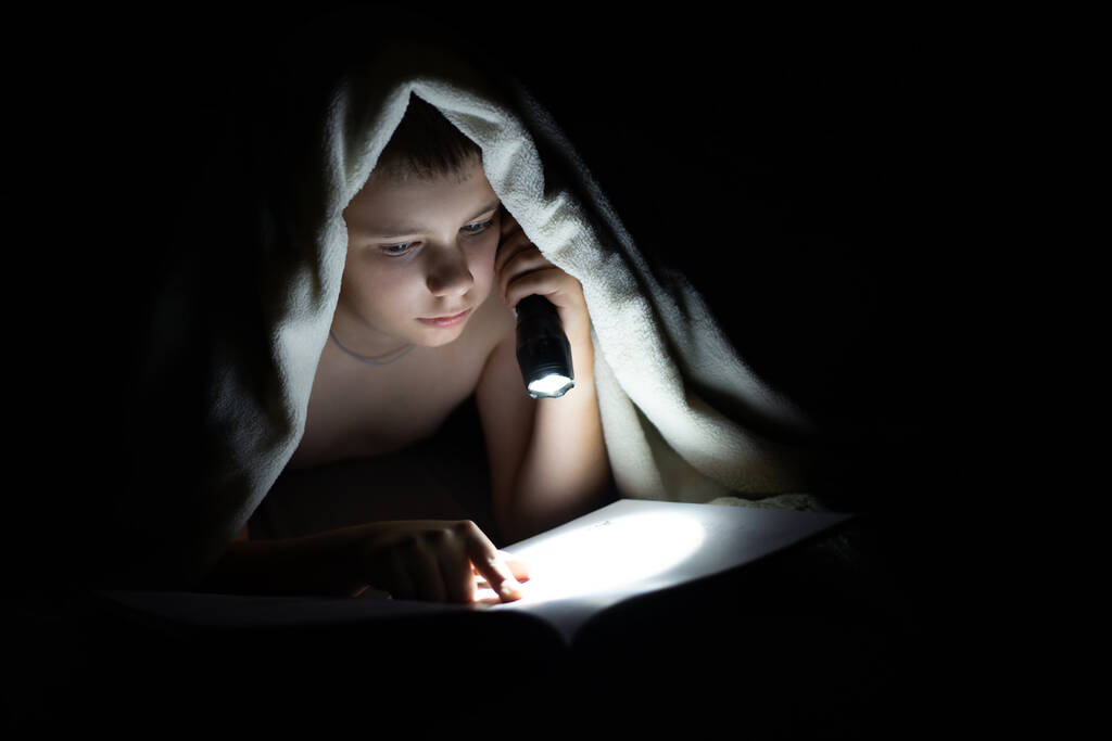 jongen het lezen van een boek in het donker voor het naar bed gaan, liggend in bed - Foto, afbeelding