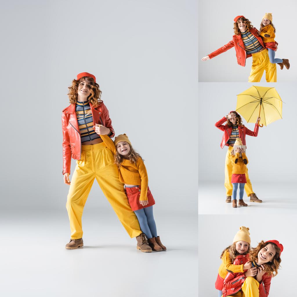 collage of mother and daughter in colorful red and yellow outfits on grey background - Photo, Image
