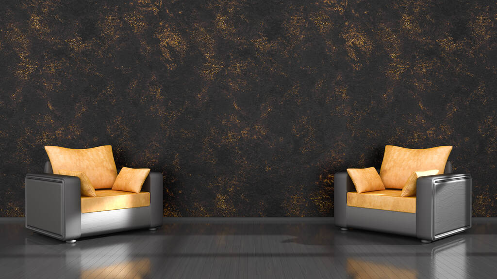 schwarzer Innenraum mit schwarz-gelbem Sessel für Attrappe, 3D-Illustration - Foto, Bild