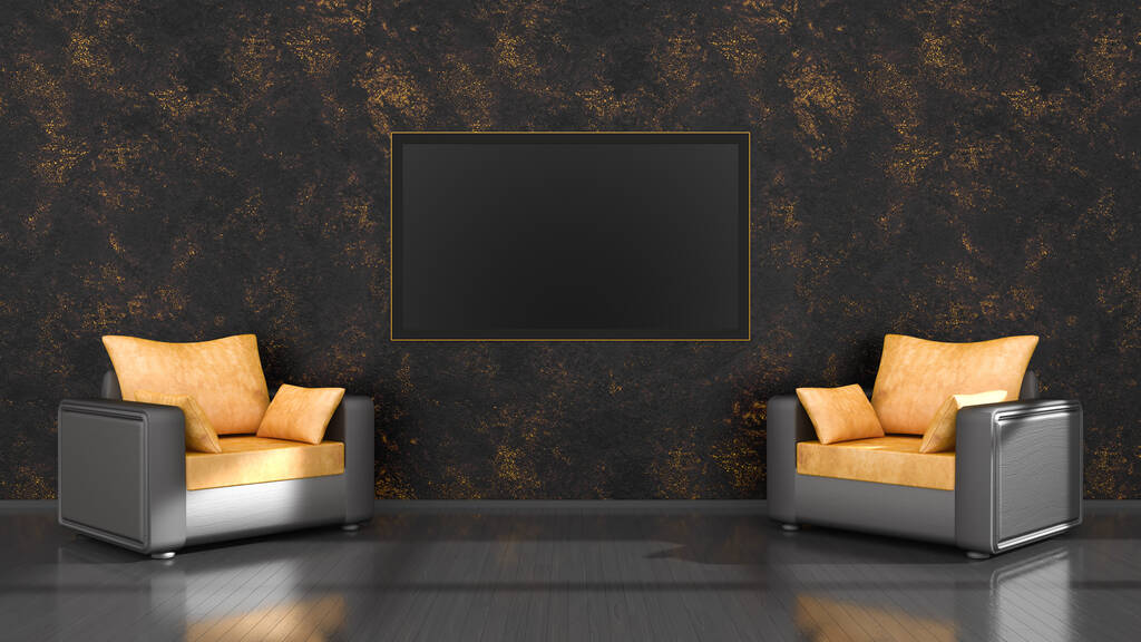 schwarzer Innenraum mit schwarz-gelbem Sessel und Fernseher, 3D-Illustration - Foto, Bild