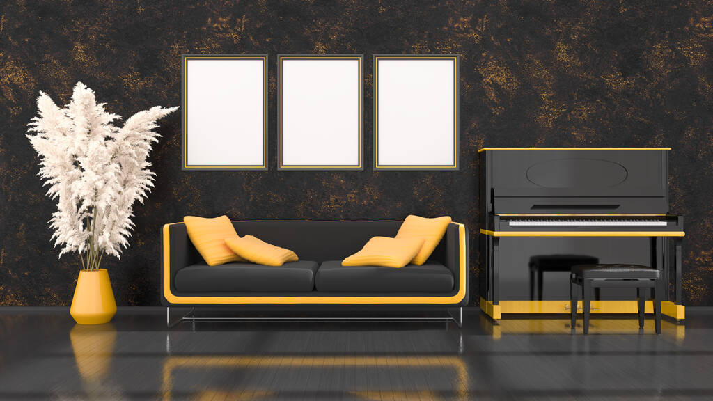 черный интерьер с черно-желтым фортепиано, диван и рамка для макета, 3D иллюстрация - Фото, изображение