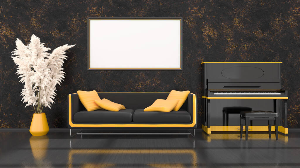 interno nero con pianoforte nero e giallo, divano e cornice per mockup, illustrazione 3d - Foto, immagini