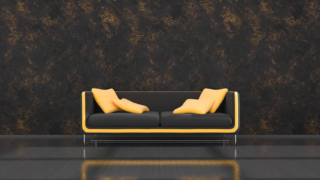 μαύρο εσωτερικό με μοντέρνο μαύρο και κίτρινο καναπέ, 3D εικονογράφηση - Φωτογραφία, εικόνα
