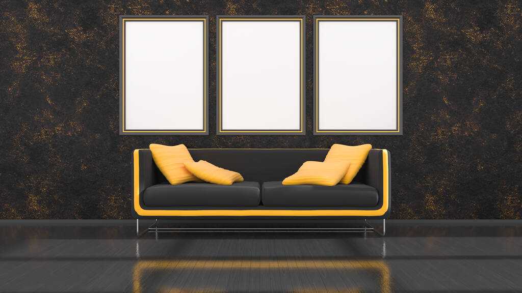чорний інтер'єр з сучасним чорно-жовтим диваном і рамками для маскування, 3d ілюстрація
 - Фото, зображення