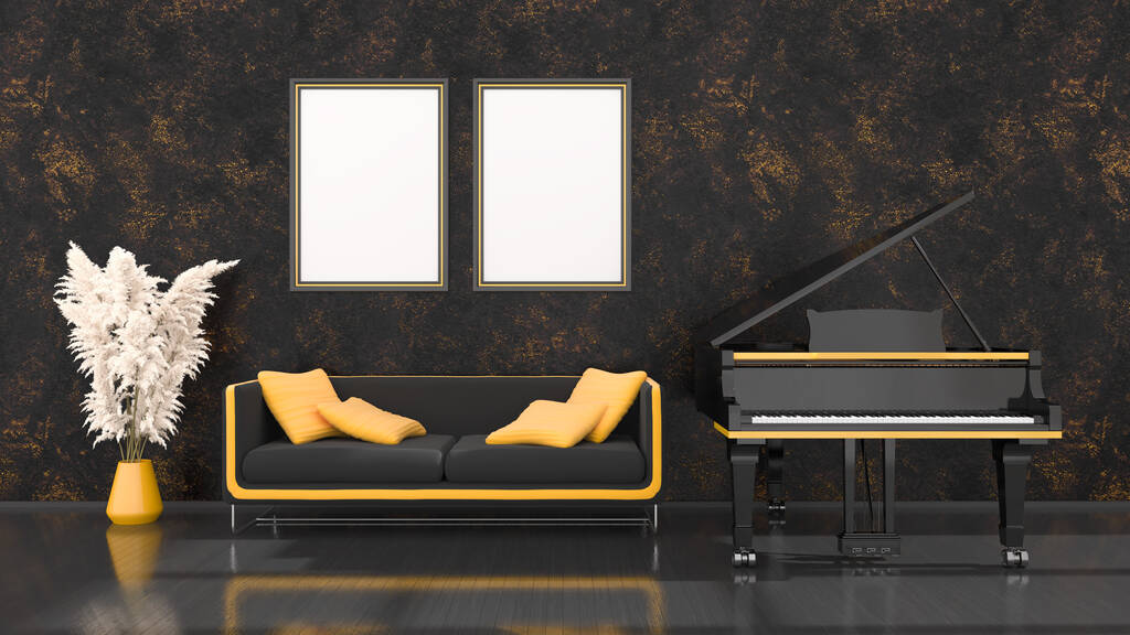 černý interiér s černým a žlutým klavírem, pohovka a rámeček pro mockup, 3D ilustrace - Fotografie, Obrázek