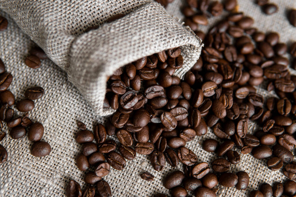 Káva roztroušená z plátěného pytle. Čerstvé arabské kávové zrno na plátně. - Fotografie, Obrázek