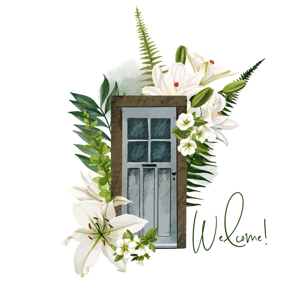 Концептуальна ілюстрація з дверима та квітковими елементами
 - Вектор, зображення
