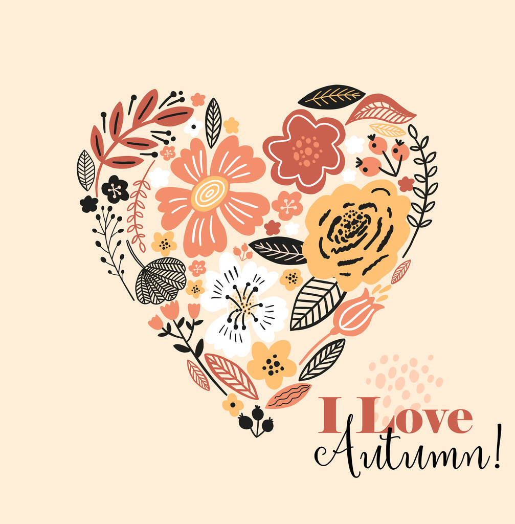 Szép őszi kártya szívvel, virágokkal, levelekkel és azzal a felirattal, amit szeretek ősszel. Tökéletes üdvözlő kártyák, képeslapok, póló design és egyéb a design trend színek. - Vektor, kép