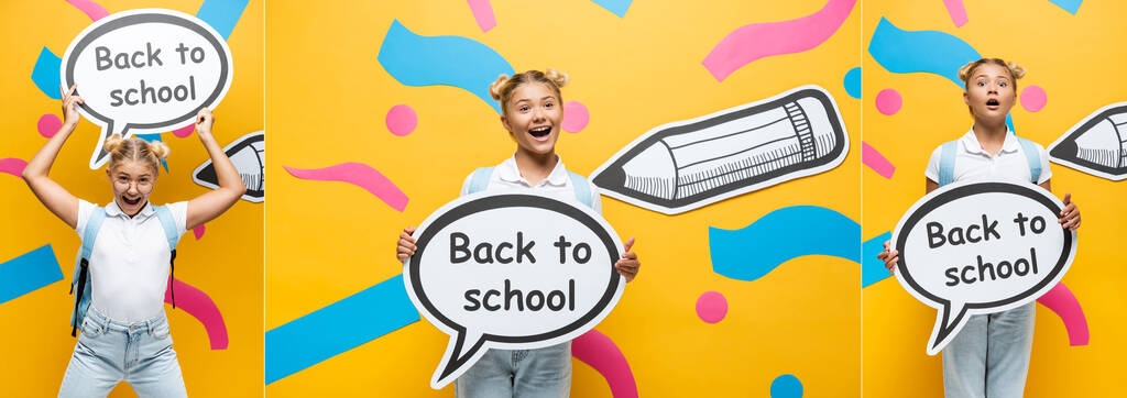 collage d'écolière émotionnelle tenant une bulle d'expression avec lettrage de retour à l'école près de l'art du papier et crayon sur jaune, concept horizontal - Photo, image