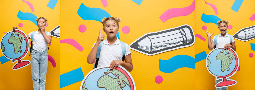 Collage eines emotionalen Schulmädchens mit Globus-Maquette, die den Mund bedeckt, Ideenschild und winkende Hand in der Nähe von Papierkunstelementen auf gelber, panoramischer Aufnahme - Foto, Bild