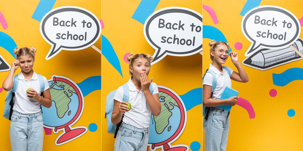 Collage d "élèves en pleurs et choqués avec livre et pomme debout près de la bulle de la parole avec lettrage de retour à l" école et art du papier sur fond jaune - Photo, image