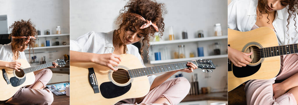 collage di giovane donna riccia che suona la chitarra acustica a casa - Foto, immagini