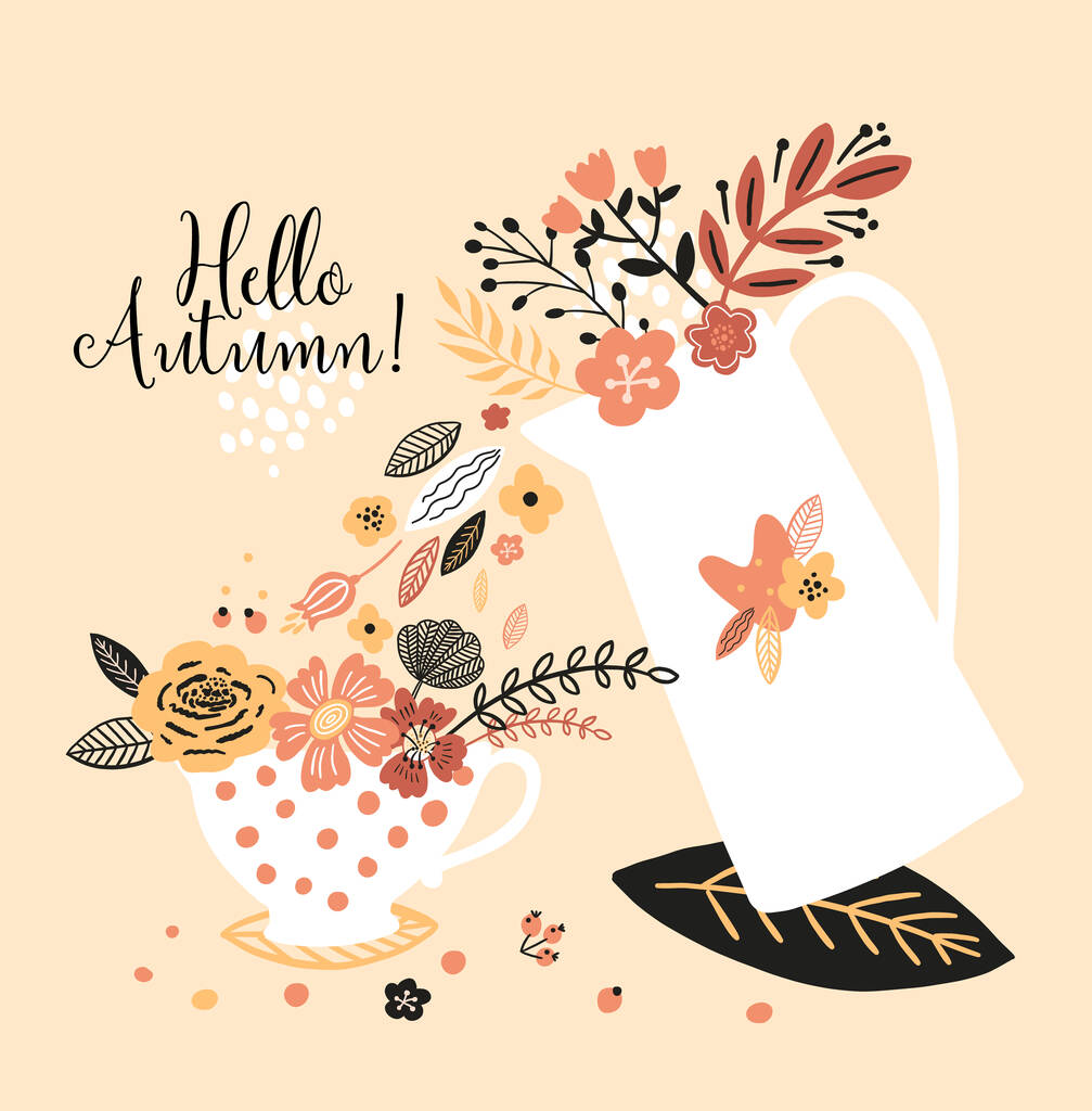 Прекрасная осенняя открытка с чайником, чашкой, цветами, листьями и с надписью Hello autumn. Перфект для поздравительных открыток, открыток, дизайна футболок и других йогуртов в трендовых цветах. - Вектор,изображение