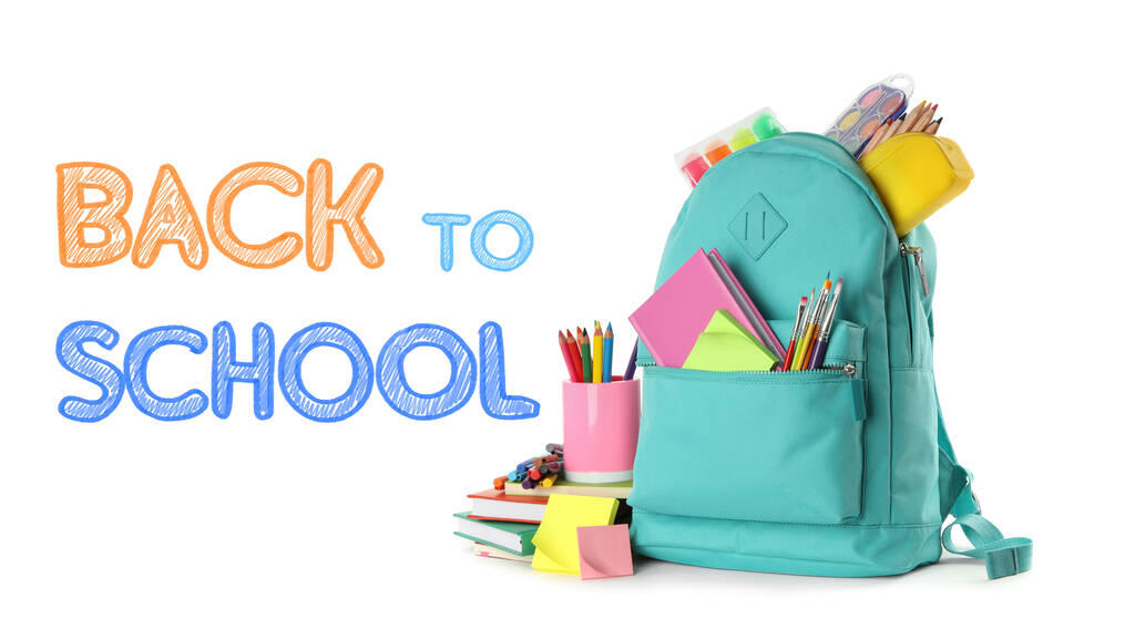 Text Back To School und Rucksack mit verschiedenen Papeterie auf weißem Hintergrund - Foto, Bild