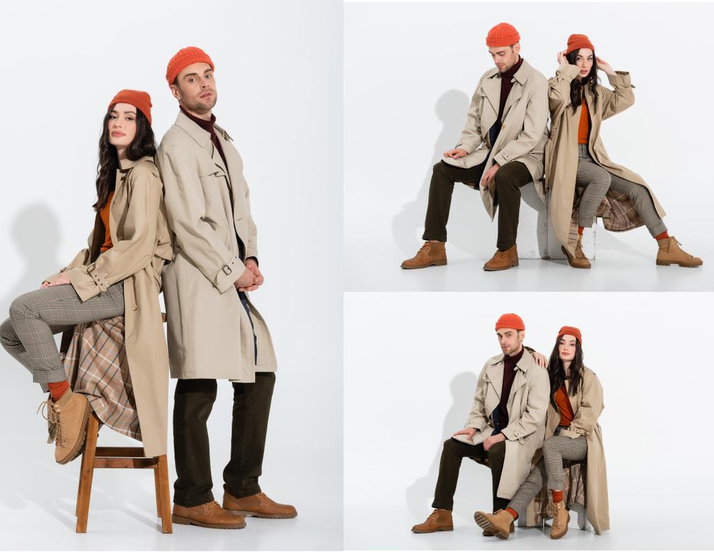 Collage von stylischem Paar in Beanie-Hüten und Trenchcoats, die auf Weiß posieren  - Foto, Bild