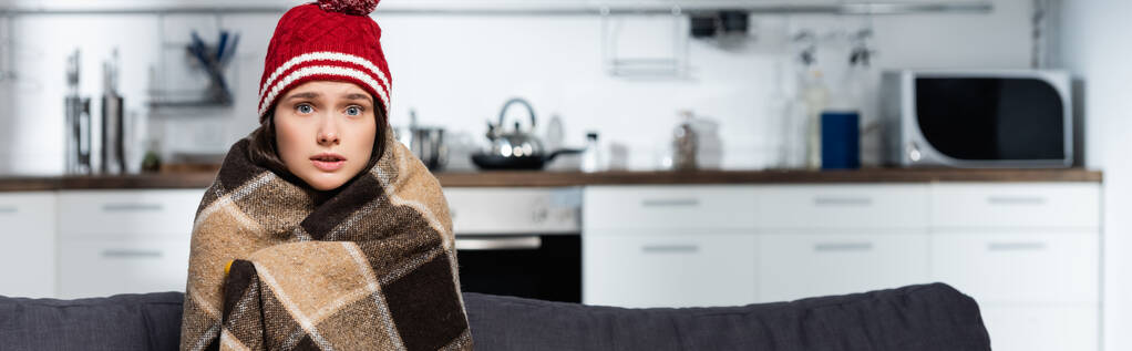 concept horizontal de femme froide dans un chapeau chaud, enveloppant dans une couverture à carreaux chaud tout en étant assis dans la cuisine - Photo, image