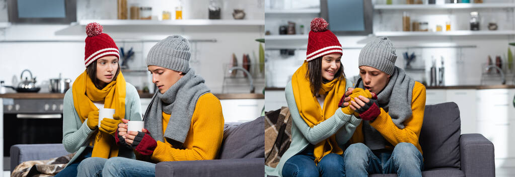 collage of man warming hands of freezing girlfriend, and couple in warm hats and scarfs holding warm tea in kitchen, horizontal crop - Photo, Image