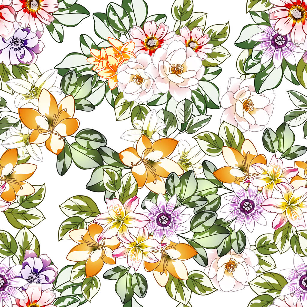 flores coloridas sem costura padrão, pétalas, ilustração vetorial - Vetor, Imagem
