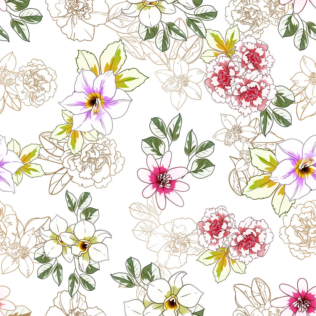 πολύχρωμα λουλούδια αδιάλειπτη μοτίβο, πέταλα, διανυσματική απεικόνιση - Διάνυσμα, εικόνα